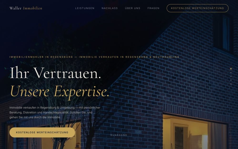 Startseite von waller-immobilien.com mit der Überschrift Ihr Vertrauen, unsere Expertise
